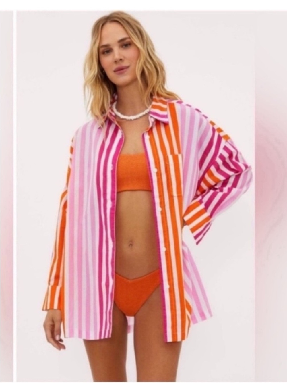 Beach Riot Alexa Beach Shirt Cover Up Button Down Cotton Pink Orange Striped S/M